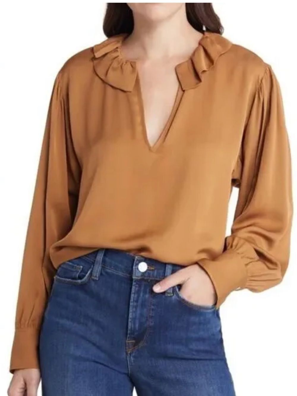 Frame Denim Ruffle V-Neck Blouse in Caramel Brown 100% silk - Picture 7 of 7